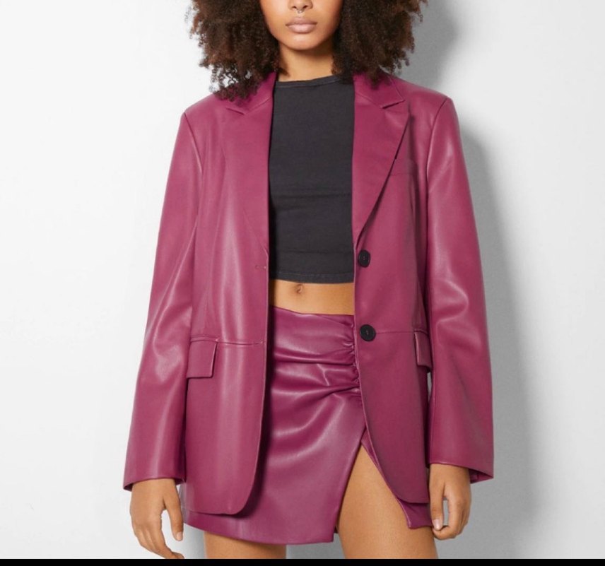 Düğmeli Pembe Deri Kadın Ceket - Görsel 2