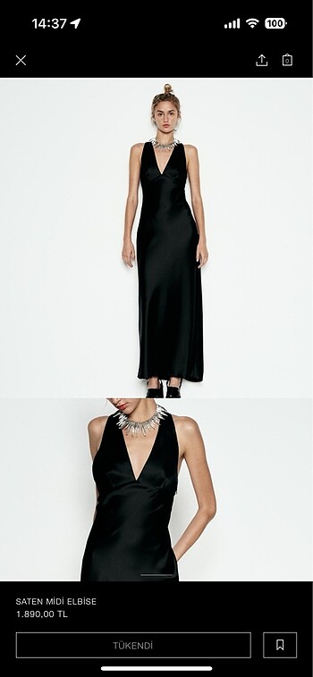 xs Beden Zara siyah saten midi elbise