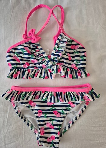 Pembe Çizgili Kiraz Desenli Kız Bikini