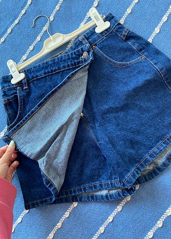 Kadın Koyu Mavi Kemerli Mini Kot Şort Etek - Görsel 2