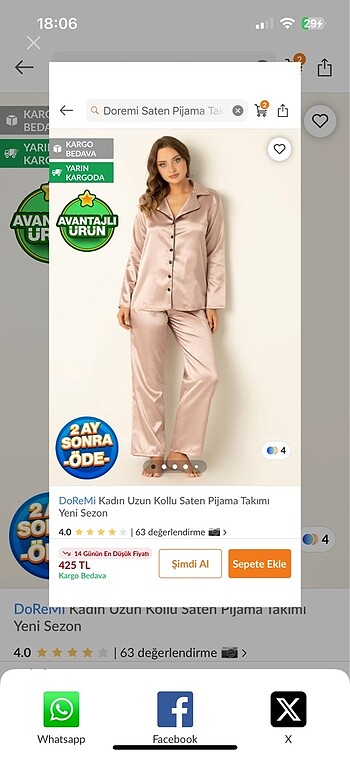 l Beden mor Renk Doremi uzun kollu saten pijama takımı