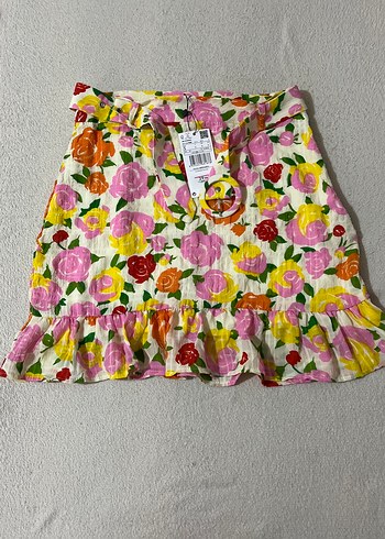 Mango Renkli Çiçek Desenli Fırfırlı Mini Etek
