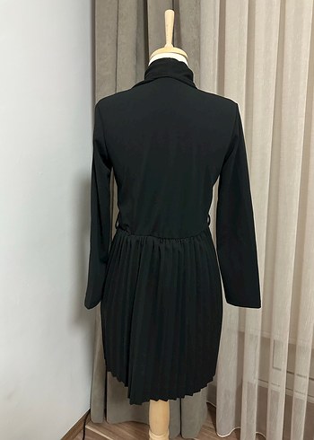 Siyah Drapeli Uzun Kollu Kumaş Elbise - Görsel 2