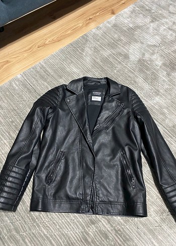 12-13 Yaş Beden Siyah Deri Biker Ceket, Normal Boy, Fermuarlı