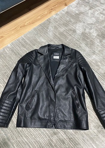 Siyah Deri Biker Ceket, Normal Boy, Fermuarlı