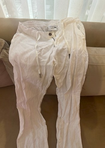 Düğmeli Beyaz Keten erkek Pantolon - Görsel 3