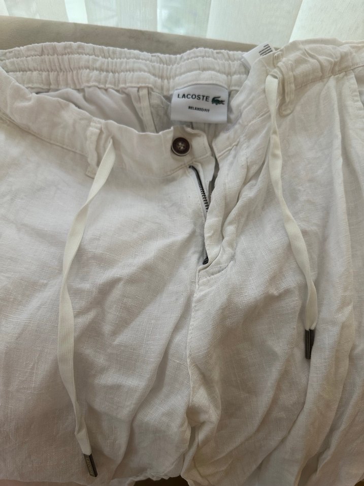 Düğmeli Beyaz Keten erkek Pantolon - Görsel 4