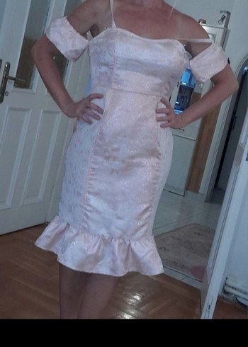 ACİL SATILIK...Pembe Straplez Midi Kokteyl Elbise - Görsel 4