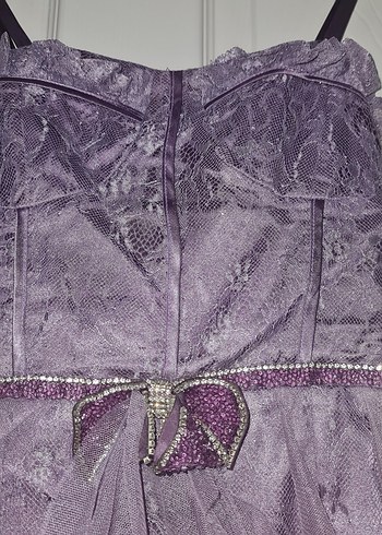 Mor Uzun Abiye Elbise, Fırfırlı, Askılı TÜYLÜ TAÇ HEDİYE - Görsel 4