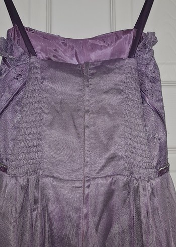 Mor Uzun Abiye Elbise, Fırfırlı, Askılı TÜYLÜ TAÇ HEDİYE - Görsel 7