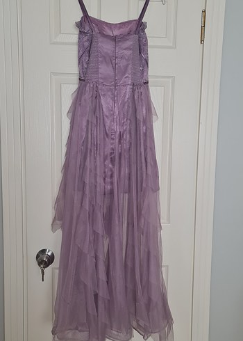 Mor Uzun Abiye Elbise, Fırfırlı, Askılı TÜYLÜ TAÇ HEDİYE - Görsel 5