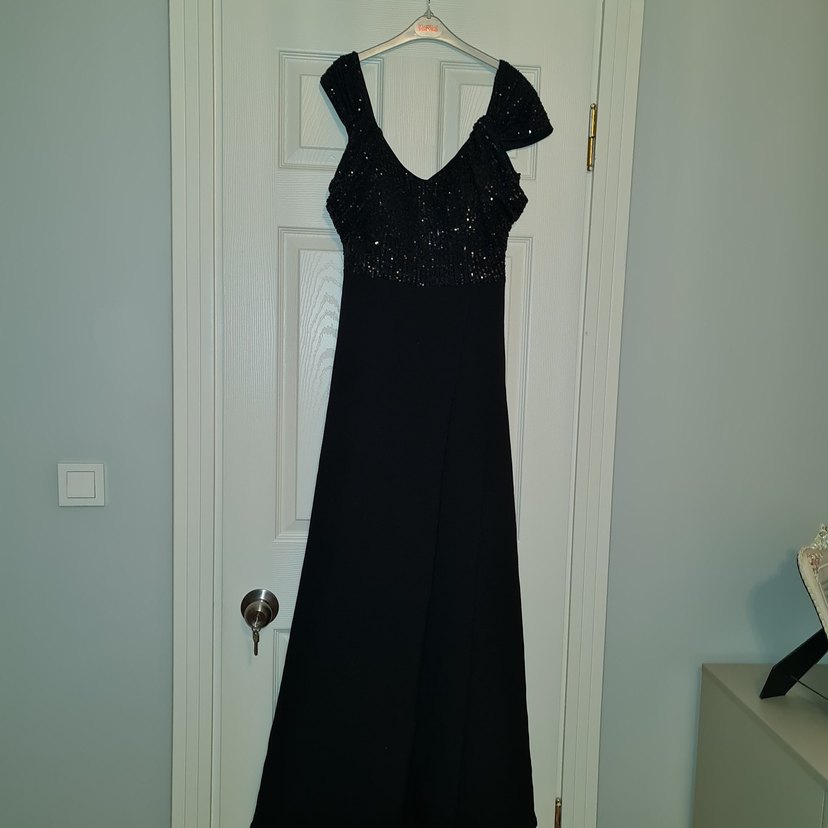 Siyah Drapeli V Yaka Uzun Abiye Elbise - Görsel 2