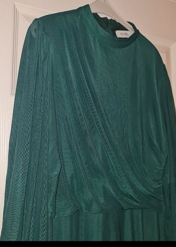 Uzun Kol Drapeli Yeşil Kadın Elbise Abiye - Görsel 2