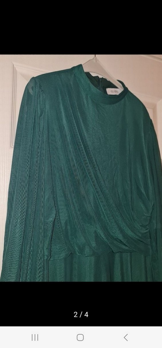 Uzun Kol Drapeli Yeşil Kadın Elbise Abiye - Görsel 2