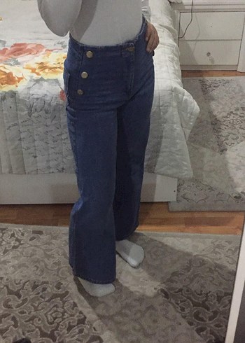 Düğmeli Mavi Denim Kadın Midi Pantolon