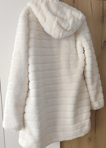 Krem kapüşonlu peluş mont - Görsel 6