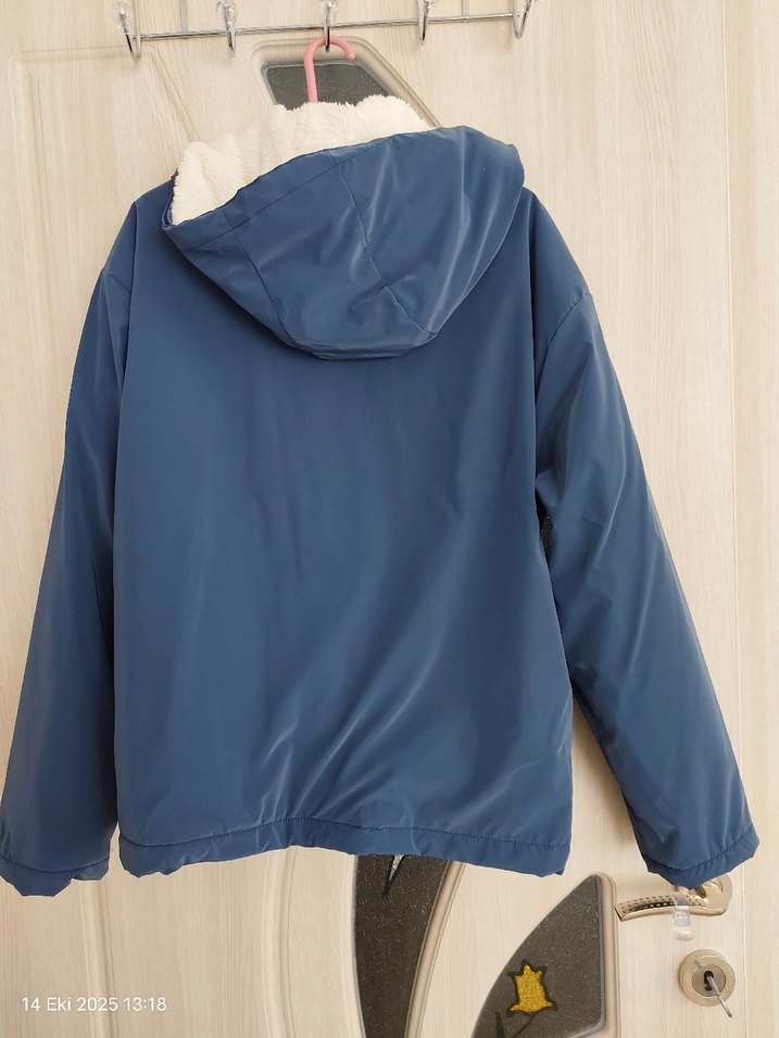 Mavi Fermuarlı cepli Kadın Midi Mont - Görsel 3