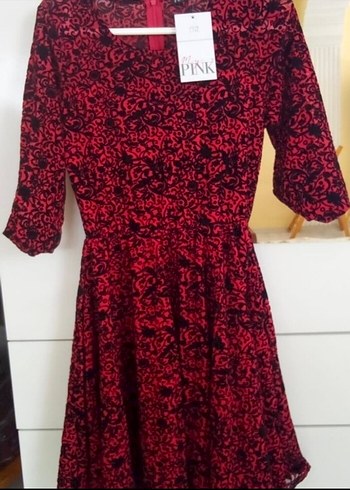 kırmızı komple flok baskılı elbise - Görsel 6