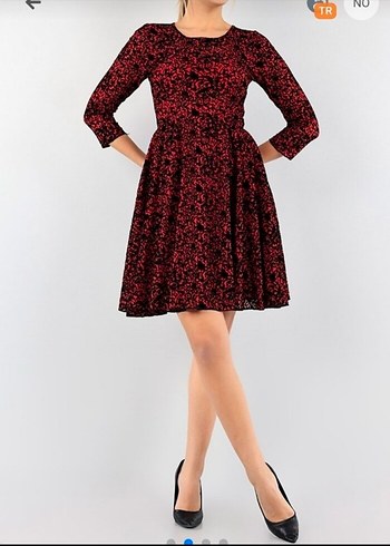 kırmızı komple flok baskılı elbise - Görsel 10