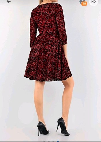 kırmızı komple flok baskılı elbise - Görsel 8