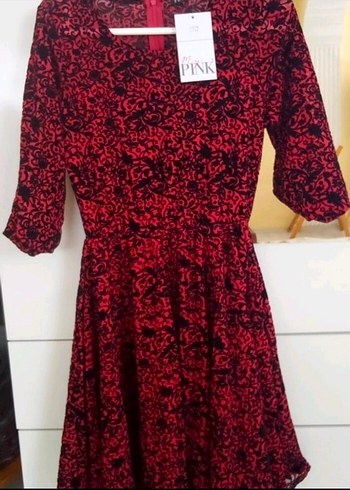 kırmızı komple flok baskılı elbise - Görsel 4