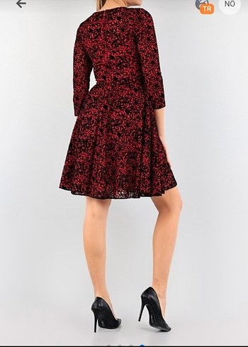 kırmızı komple flok baskılı elbise - Görsel 9