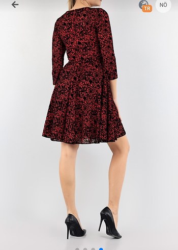 kırmızı komple flok baskılı elbise - Görsel 3