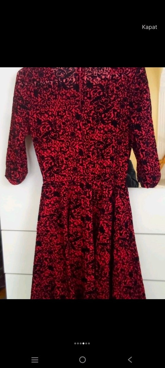 kırmızı komple flok baskılı elbise - Görsel 5