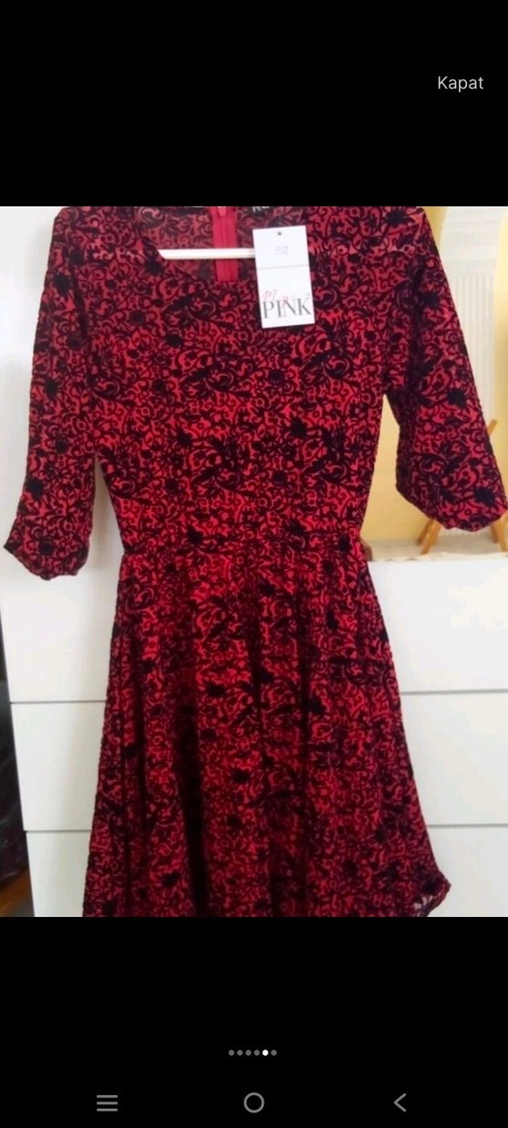 kırmızı komple flok baskılı elbise - Görsel 4