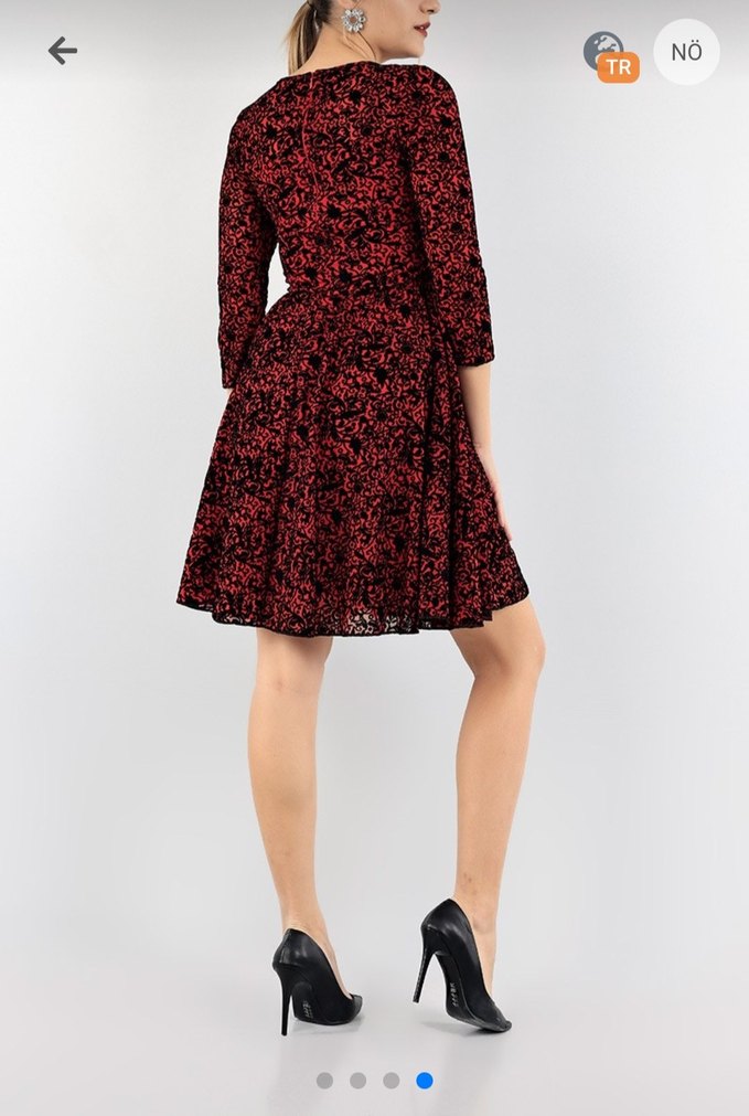 kırmızı komple flok baskılı elbise - Görsel 3