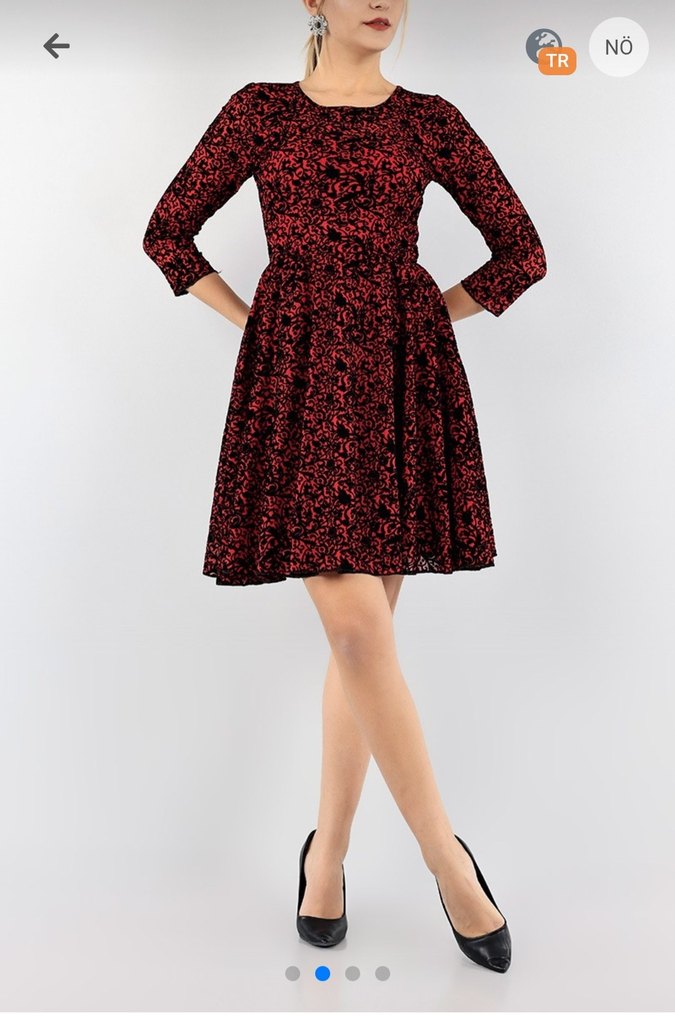 kırmızı komple flok baskılı elbise - Görsel 2