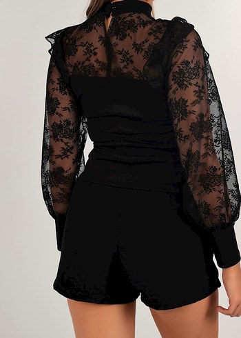 siyah balon kol tül detay bluz - Görsel 2