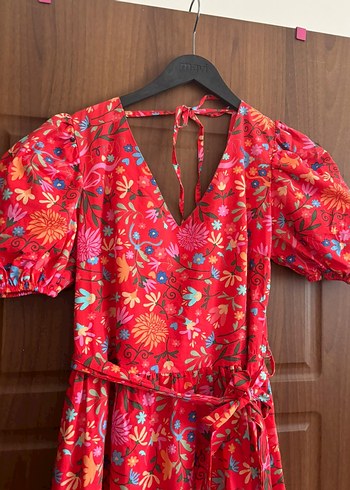 Kırmızı Bohem Uzun Elbise V Yaka - Görsel 3