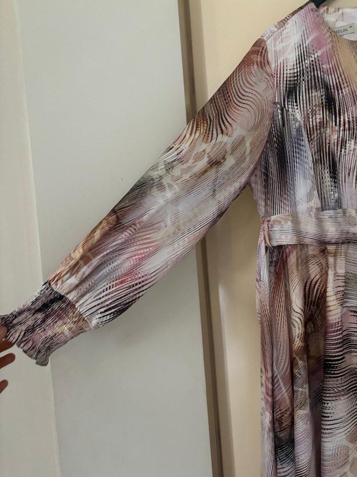 Bej Batik Desenli Uzun Kollu Bohem Elbise - Görsel 5