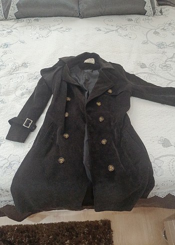 Düğmeli Siyah kadife Kadın Uzun ceket - Görsel 2