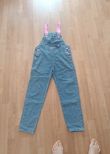 Kızlar için renkli nakışlı pembe askılı kot tulum - Görsel 5