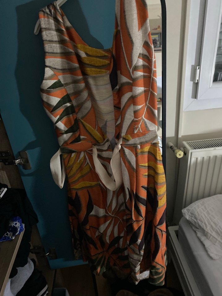 Turuncu Bağlamalı Mini Bohem Elbise desenli - Görsel 2