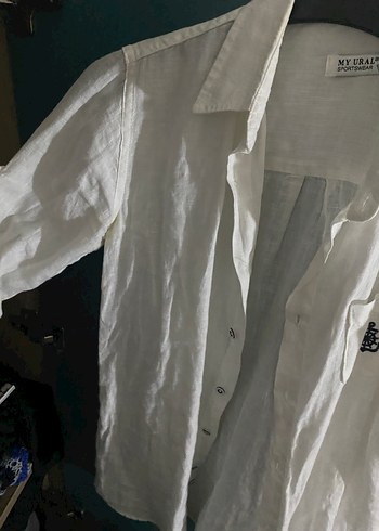 Düğmeli Beyaz Keten Kısa Kollu Gömlek - Görsel 2