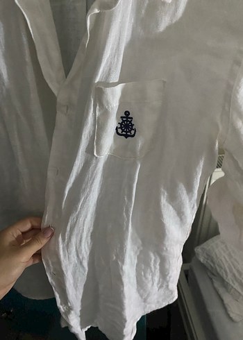 Düğmeli Beyaz Keten Kısa Kollu Gömlek - Görsel 4