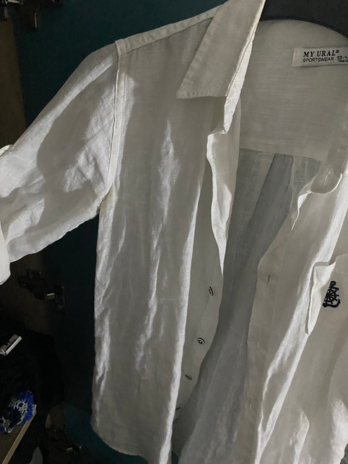 Düğmeli Beyaz Keten Kısa Kollu Gömlek - Görsel 2