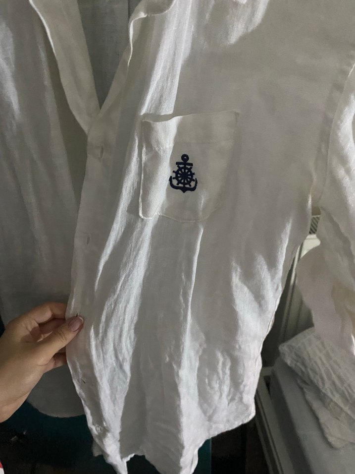 Düğmeli Beyaz Keten Kısa Kollu Gömlek - Görsel 4