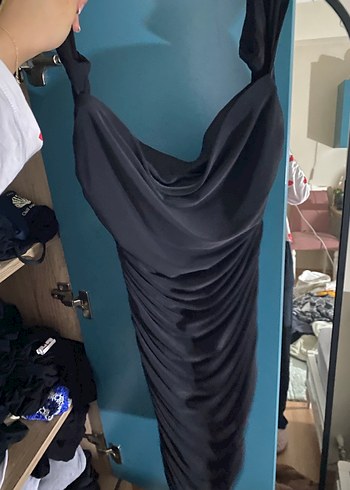 Siyah Drapeli V Yaka ADL adil ışık kısa kadın Elbise - Görsel 3