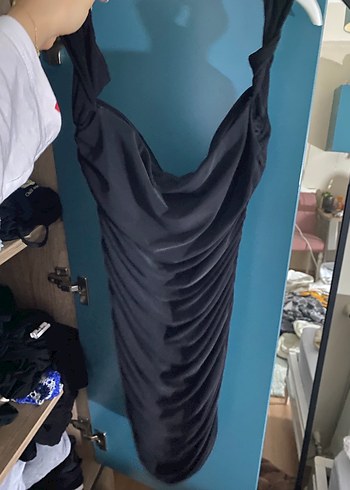 Siyah Drapeli V Yaka ADL adil ışık kısa kadın Elbise - Görsel 2