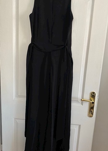 Siyah Kolsuz Uzun Kadın kumaş abiye Tulum - Görsel 3