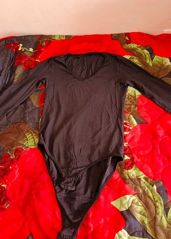 xl Beden kahverengi Renk Siyah V Yaka Uzun Kollu Kadın Body
