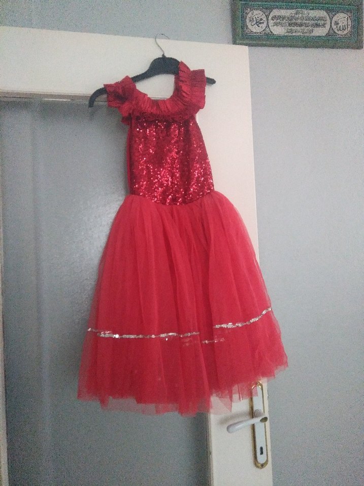 Kız Çocuk Kırmızı Fırfırlı Straplez Elbise - Görsel 4