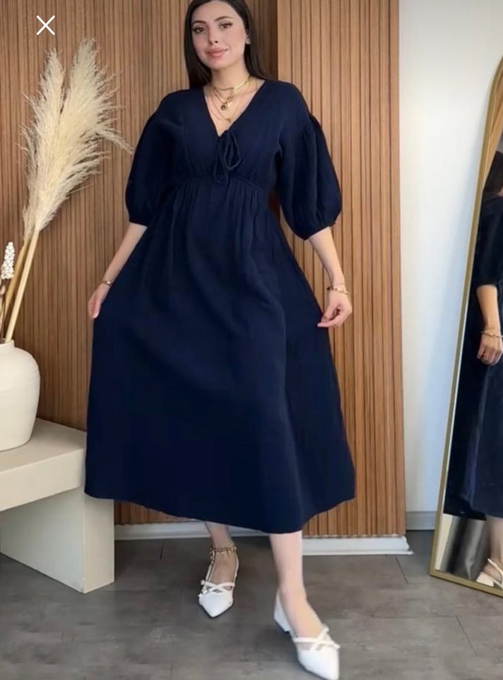 Lacivert V Yakalı  Uzun Müslin Elbise - Görsel 2