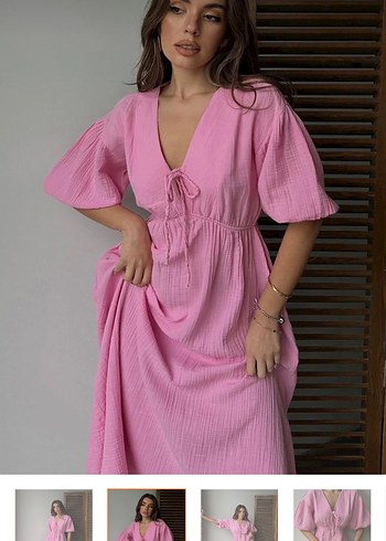 Pembe V Yakalı Uzun Müslin Elbise - Görsel 2