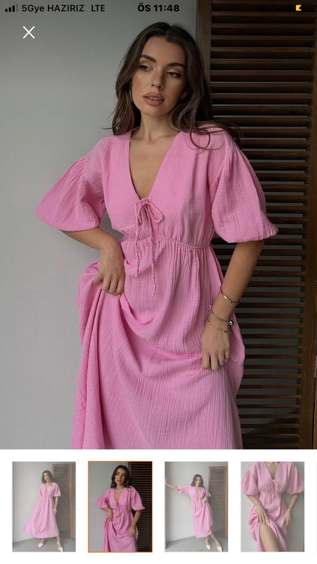 Pembe V Yakalı Uzun Müslin Elbise - Görsel 2