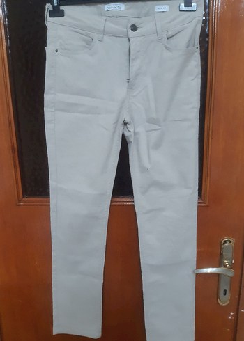 Erkek Bej Denim Kemerli Kumaş Pantolon - Görsel 6